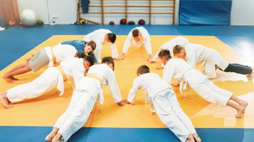 Young boys in kimono makes push up exercise, kid judo. Young fighters in gym, martial art
